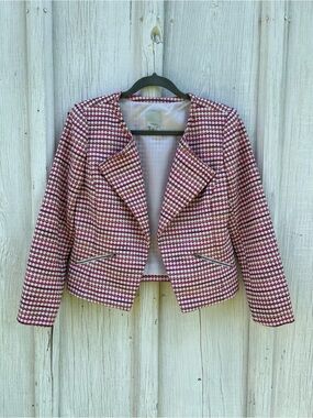 Halogen S Pink White Tweed Moto Blazer Open Front Cropped Jacket Zip Pockets